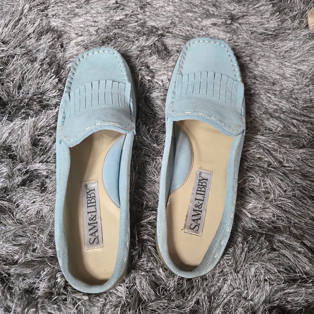SAM & LIBBY Light Blue Suede Mule Loafers for Women